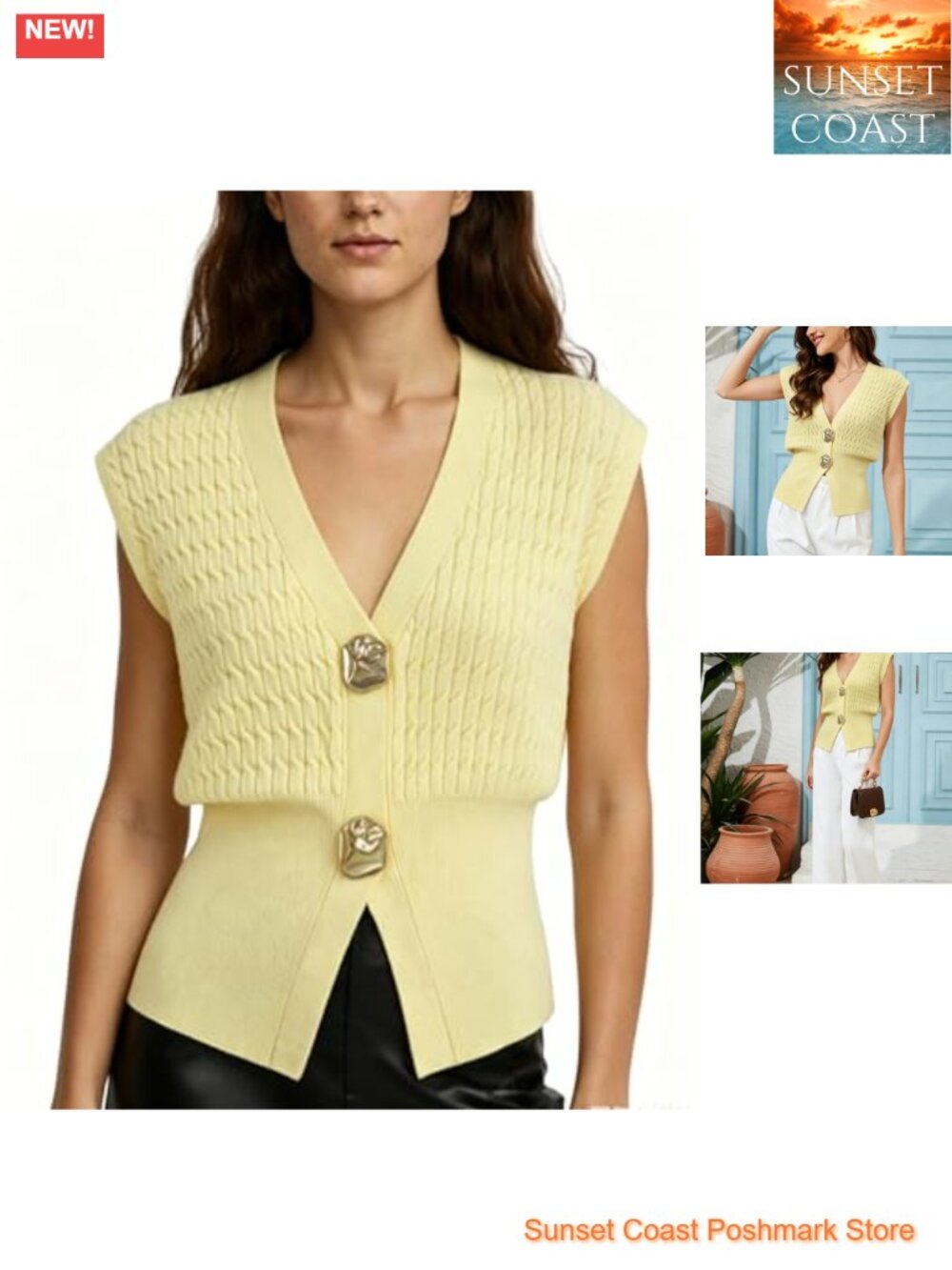 Cable Knit Sweater Vest Womens Sleeveless V Neck Button Business Casual